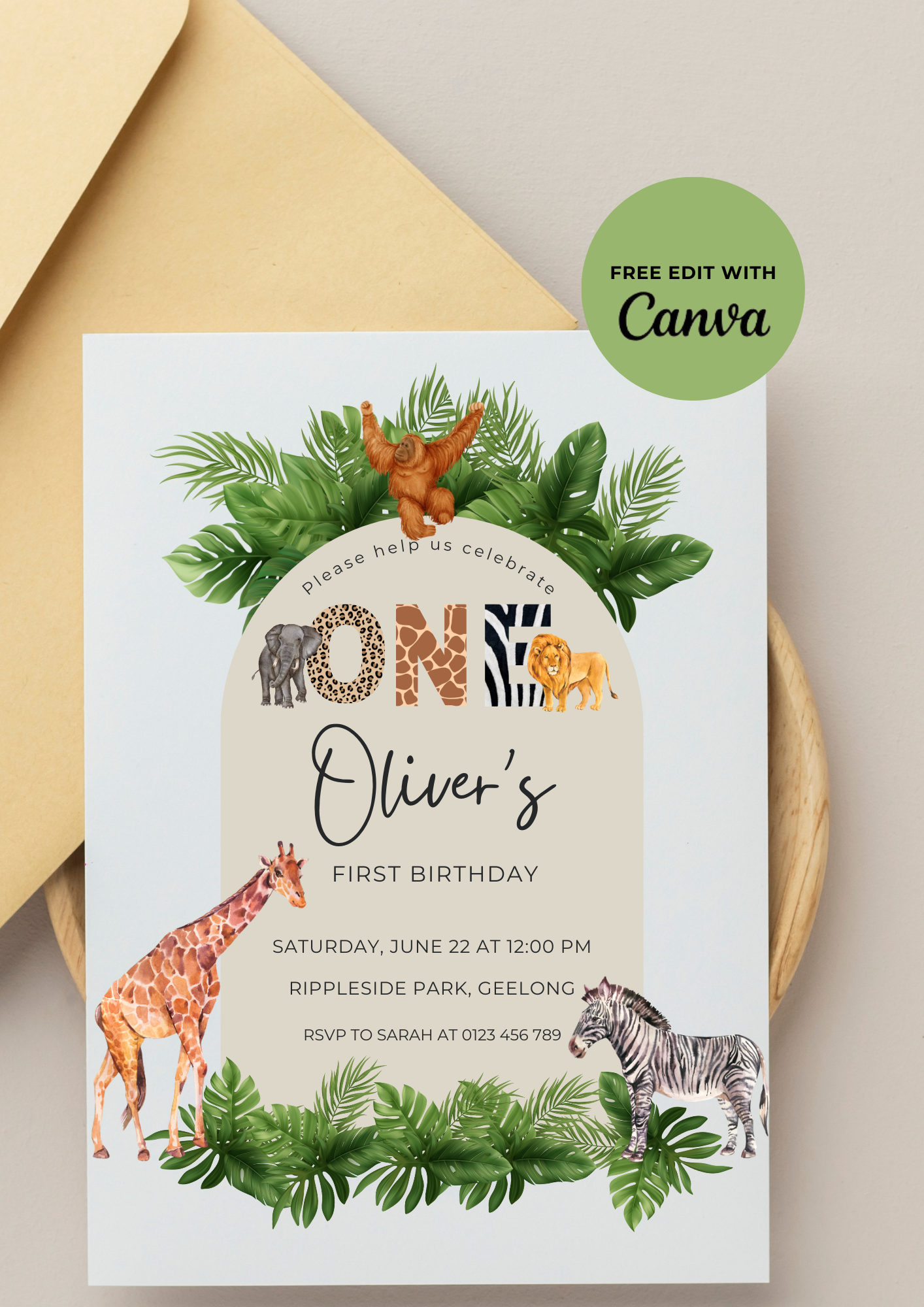 Editable Children's 1st Birthday Invite | Jungle Themed