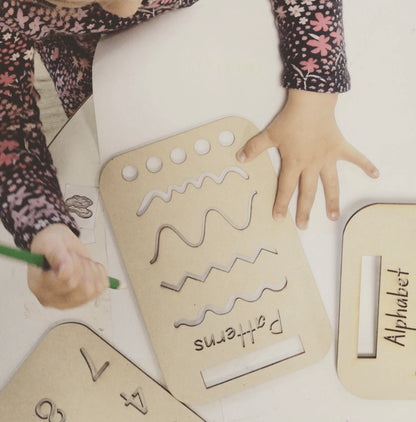 Set of 3 MDF Tracing Stencils (Alphabet, Patterns, Numbers)